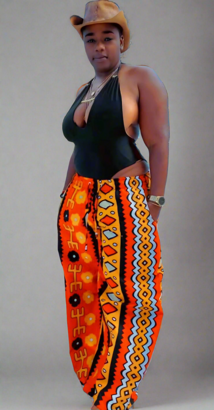 African print drawstring pants.