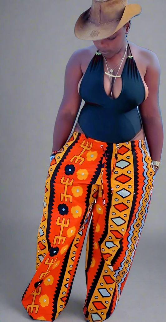 African print drawstring pants.